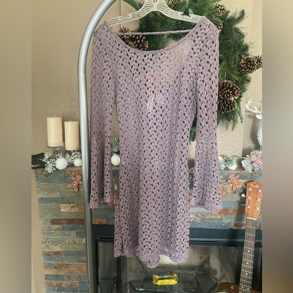 Mimi Chica Long Flare Sleeve, Purple Lace Eyelet Dress.